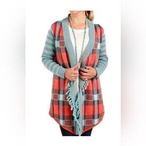 Matilda Jane Steadfast Open Front Cardigan, Red & Teal Plaid, XS
